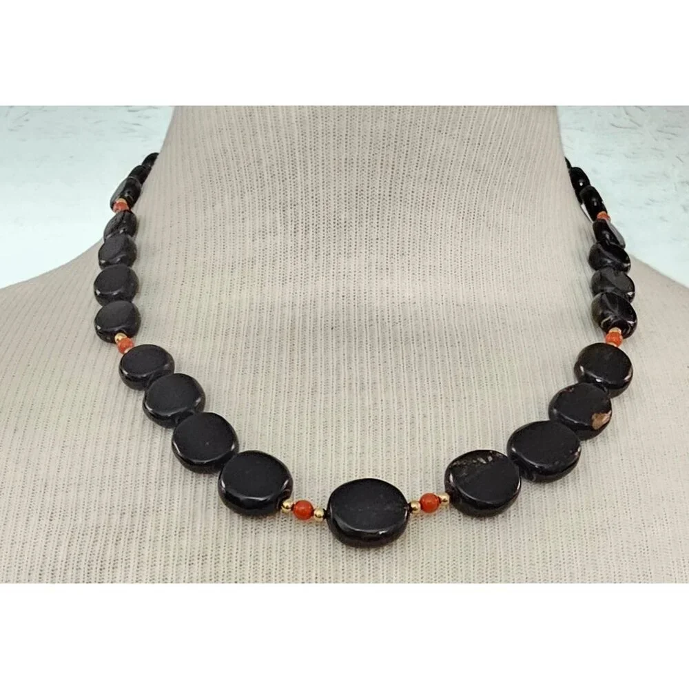 Black Coral Gold Filled Bead Necklace Graduated Strand Screw Barrel Clasp J460 - Picture 2 of 12
